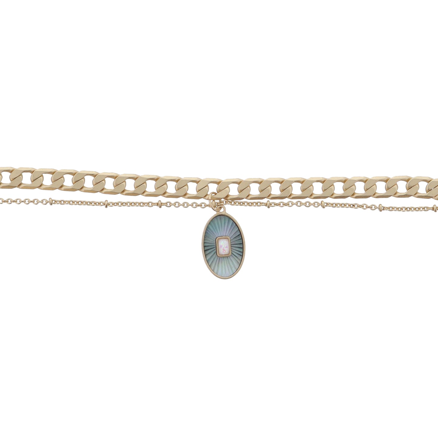 2 Strand Gold Chain, Grey Starburst Shell Inlay Oval with White Opal Center Bracelet, .75" Pendant