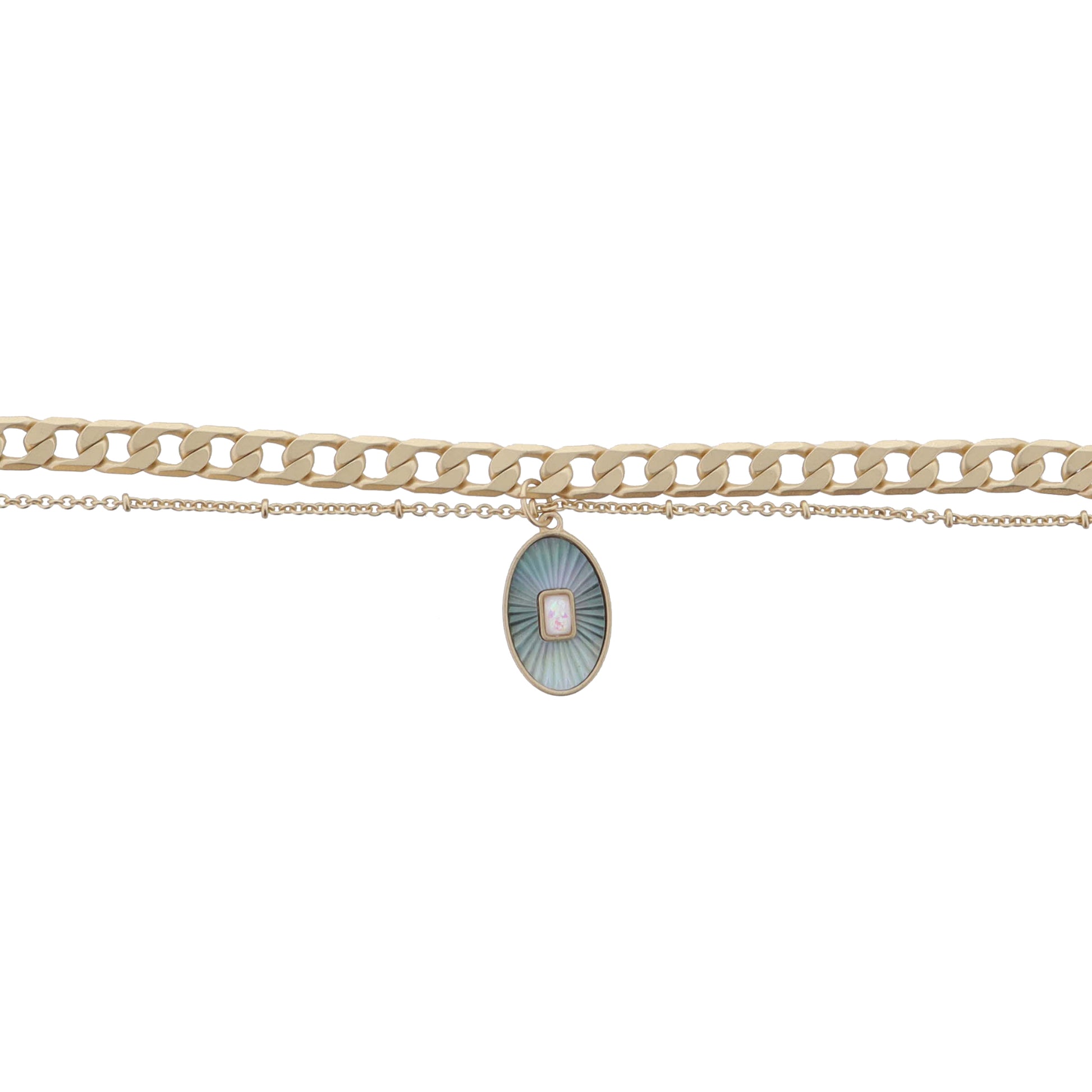 2 Strand Gold Chain, Grey Starburst Shell Inlay Oval with White Opal Center Bracelet, .75" Pendant