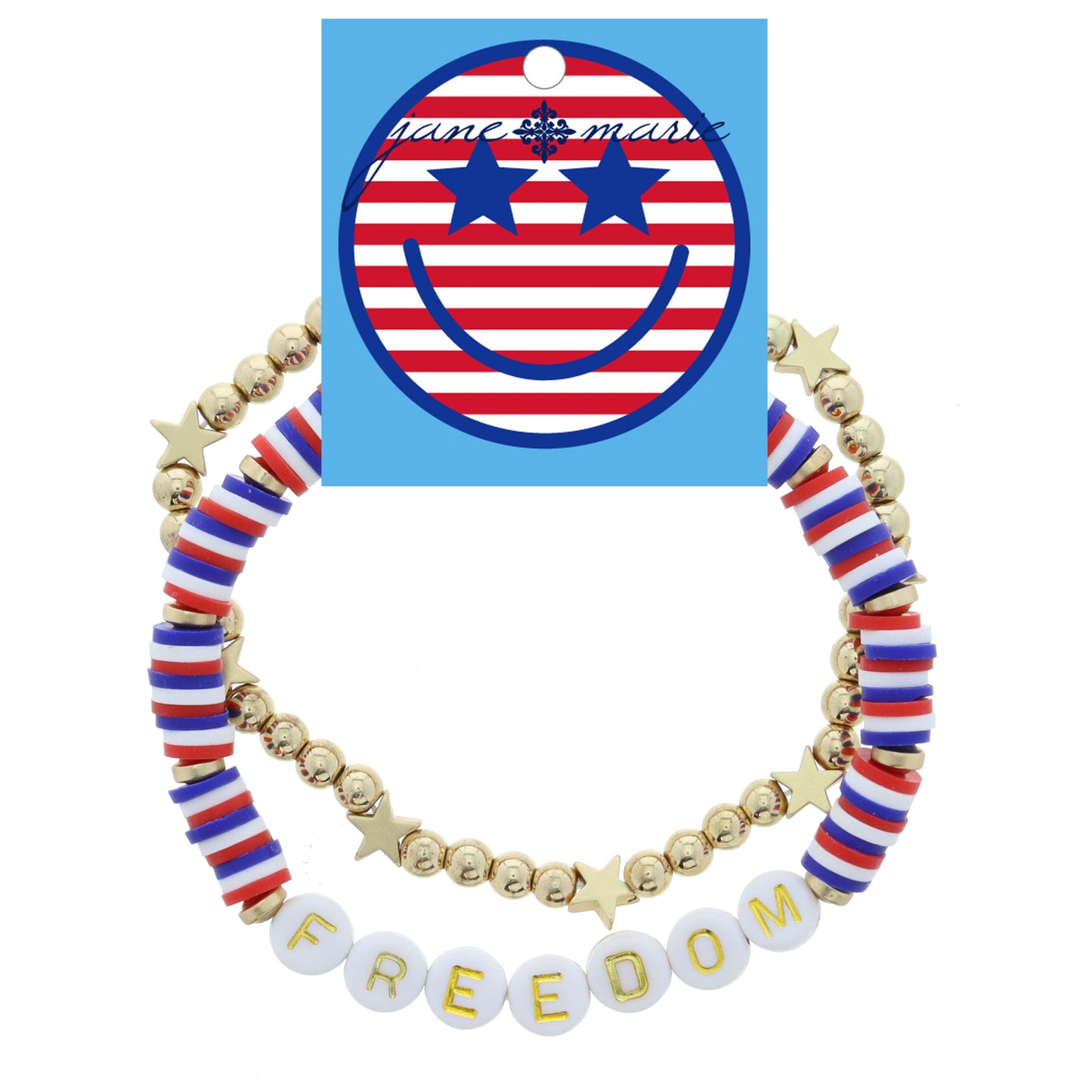 Set of 2, Patriotic Rubber Sequins "FREEDOM", Ball and Star Beaded Bracelet, Bracelet, 8" Around