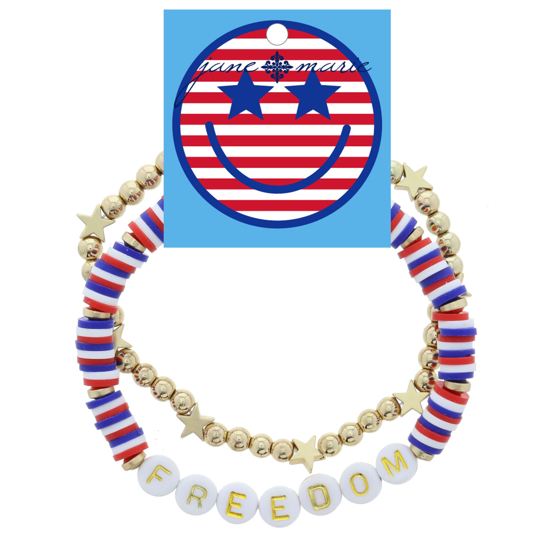 Set of 2, Patriotic Rubber Sequins "FREEDOM", Ball and Star Beaded Bracelet, Bracelet, 8" Around
