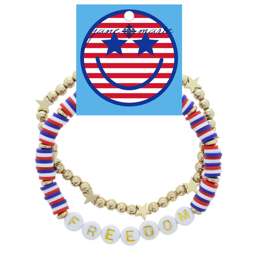 Set of 2, Patriotic Rubber Sequins "FREEDOM", Ball and Star Beaded Bracelet, Bracelet, 8" Around