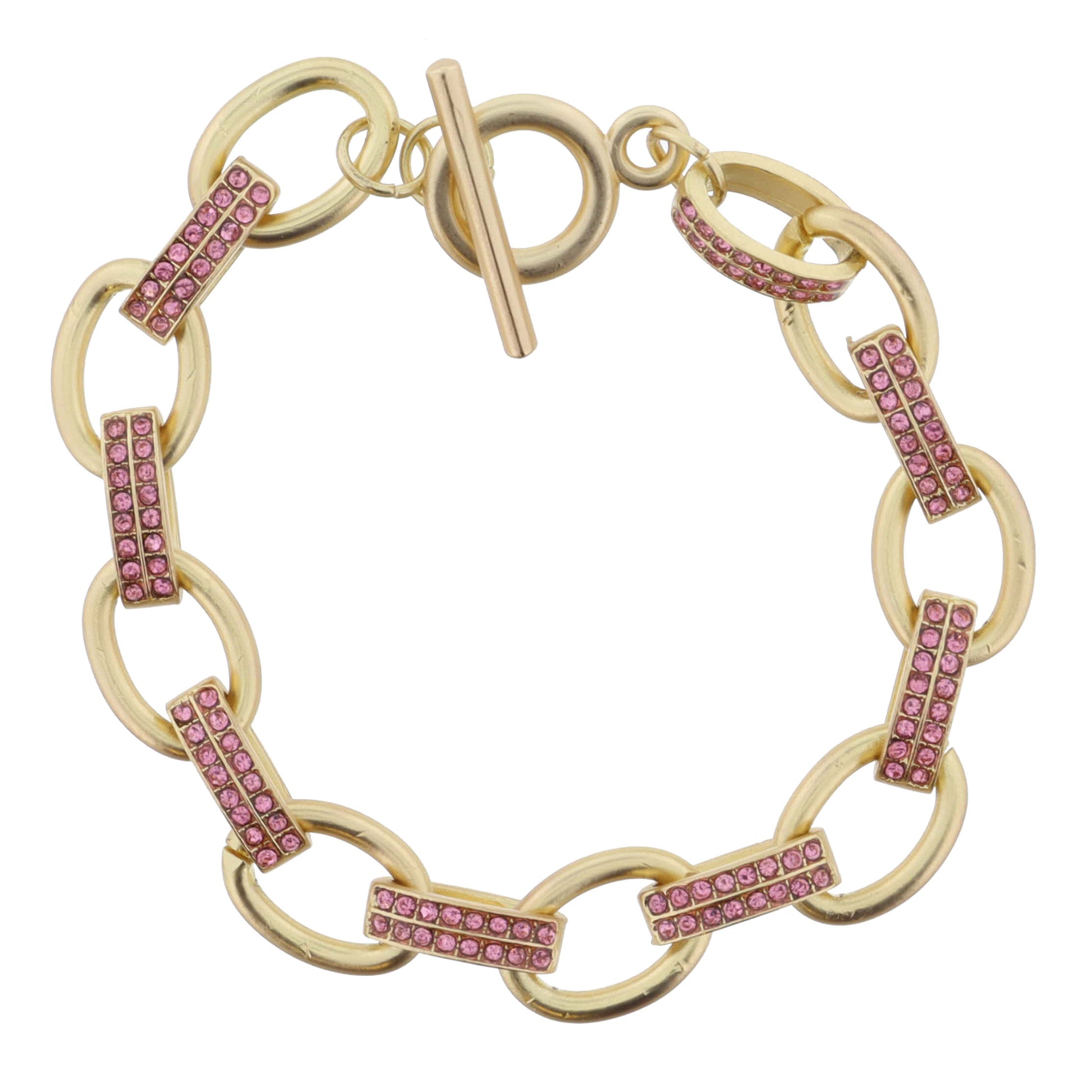 Pink Crystal Linked and Gold Oval Link Chain with Toggle Bracelet
