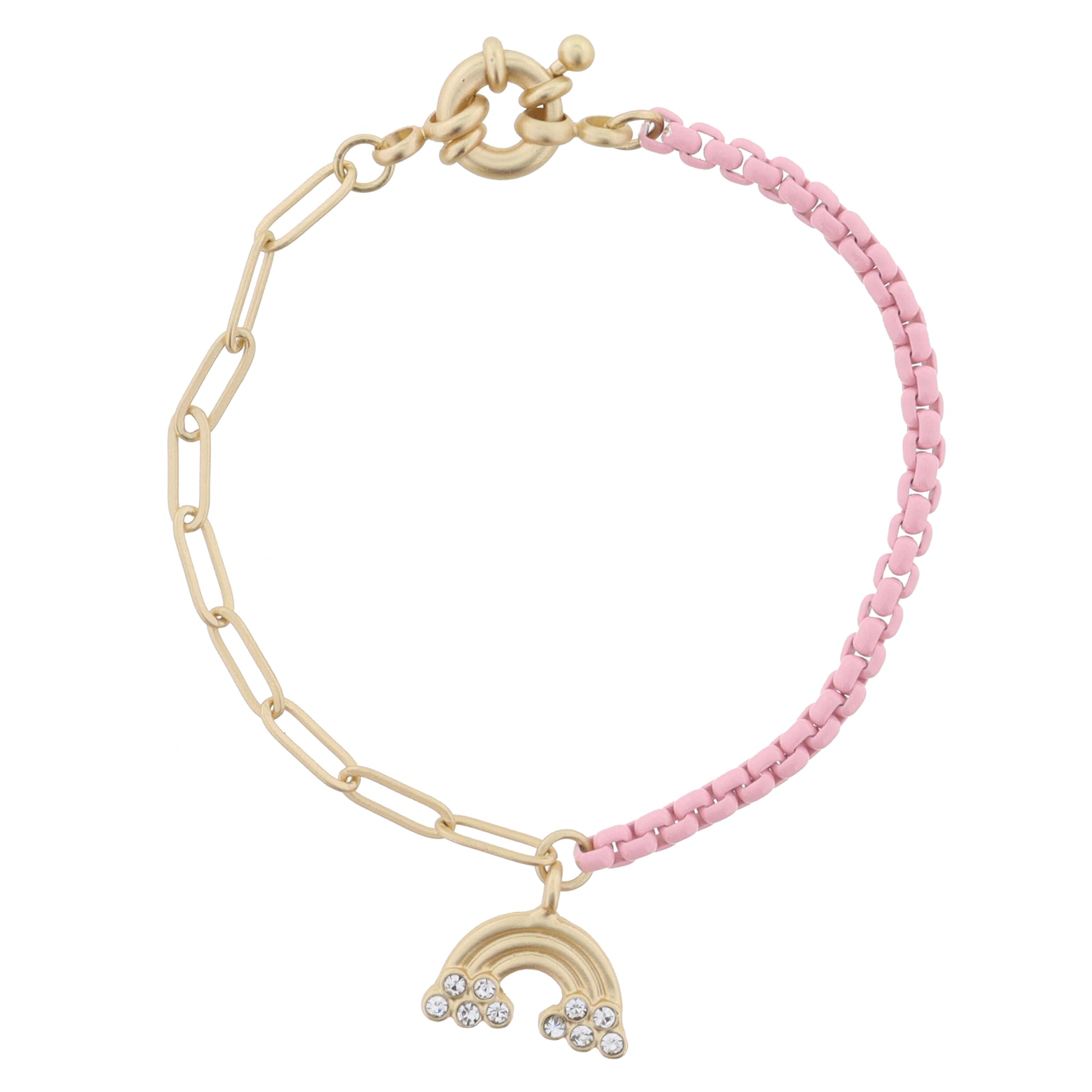 Kids Half Gold Chain, Half Light Pink Chain with Gold and Crystal Rainbow Bracelet