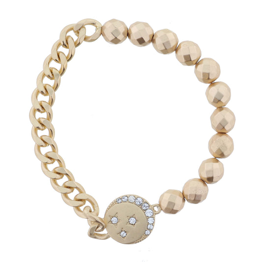 Half Gold Faceted Beads, Half Chain with Gold Disc with Clear Crystal Moon and Stars Bracelet