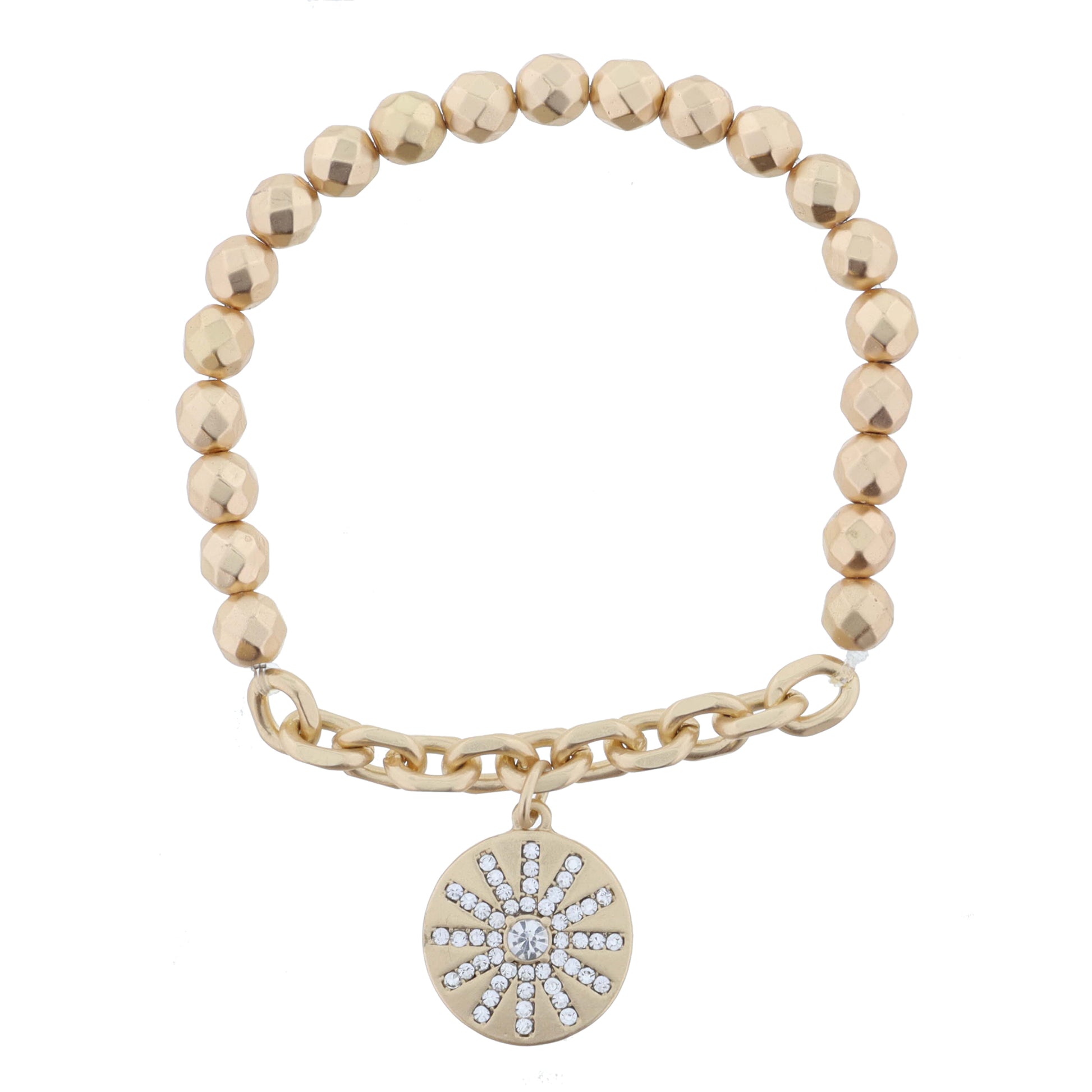 Gold Faceted Beads and Chain Portion with Gold Disc with Clear Crystal Sun Bracelet
