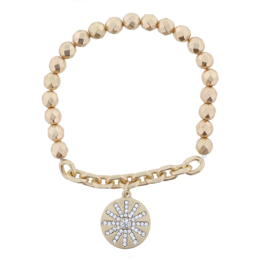 Gold Faceted Beads and Chain Portion with Gold Disc with Clear Crystal Sun Bracelet