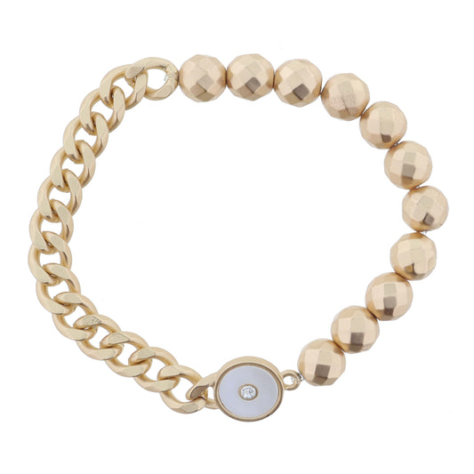 Half Gold Faceted Beads, Half Chain with White Shell Inlay Disc with Center Clear Crystal Bracelet