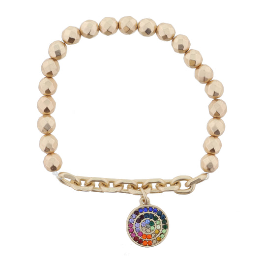 Gold Faceted Beads and Chain Portion with Multi Crystal Pave Gold Disc Bracelet
