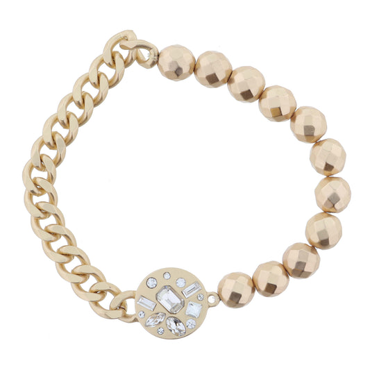 Half Gold Faceted Beads, Half Chain with Gold Disc with Multi Shaped Clear Crystals Bracelet