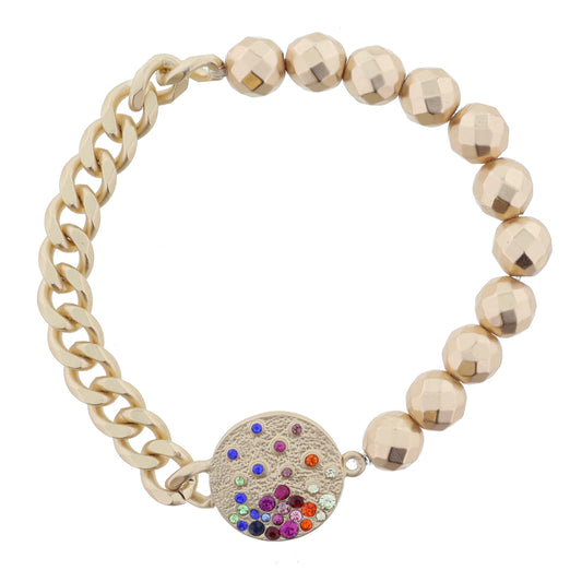 Half Gold Faceted Beads, Half Chain with Gold Textured Disc with Trickling Multi Crystals Bracelet