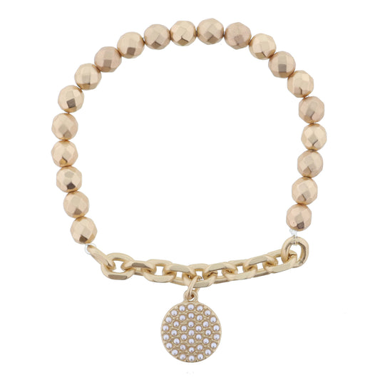 Gold Faceted Beads and Chain Portion with Mini Pearl Pave Gold Disc Bracelet