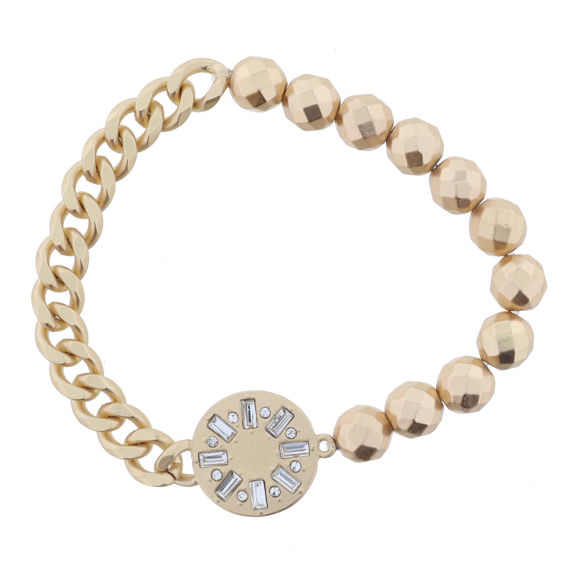 Half Gold Faceted Beads, Half Chain with Gold Disc & Alternating Baguettes and Crystals Bracelet