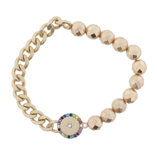 Half Gold Faceted Beads, Half Chain with Gold Disc with Crystal Edge & Crystal Star Center Bracelet