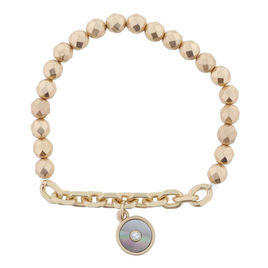 Gold Faceted Beads and Chain Portion with Grey Shell Inlay Disc with Center Clear Crystal Bracelet