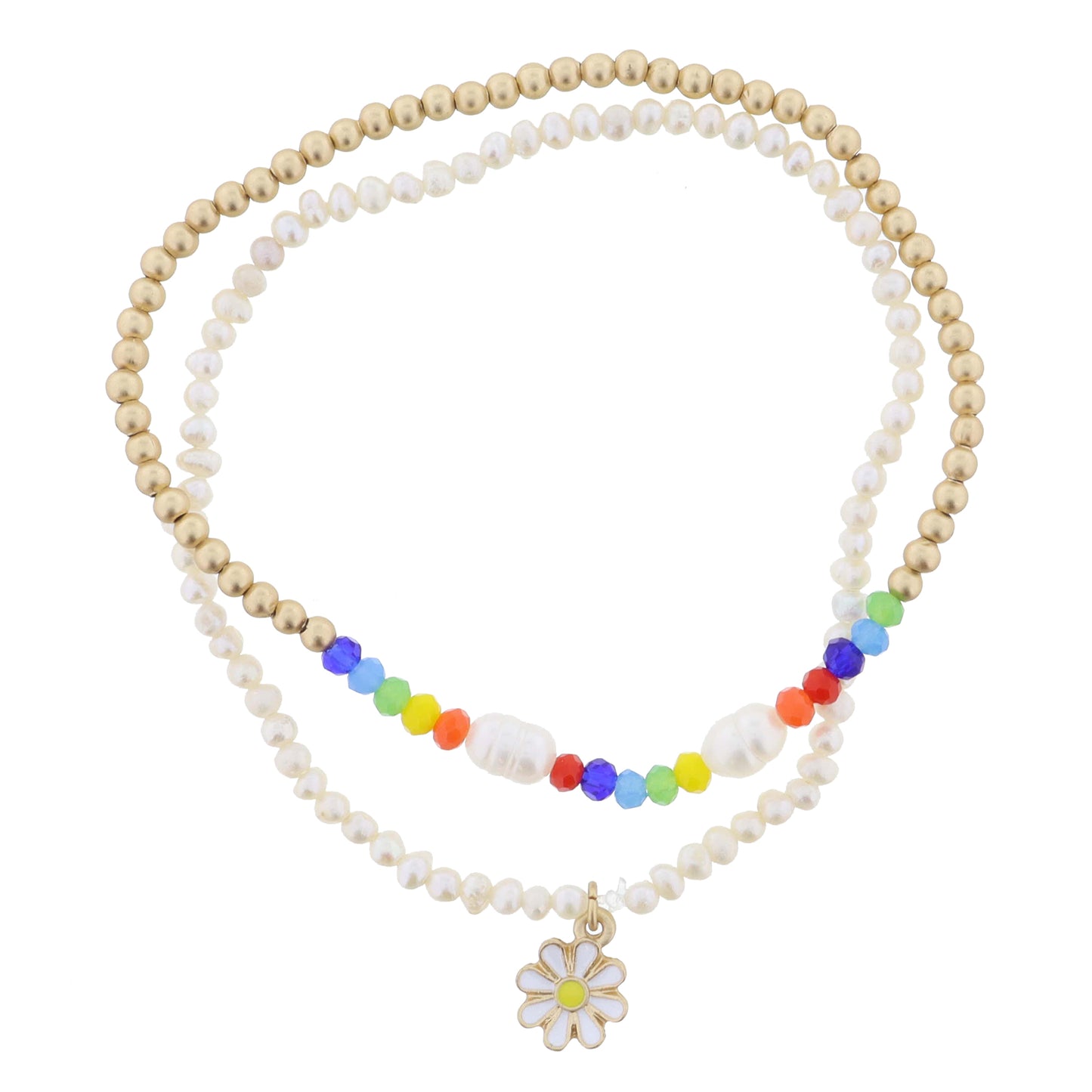 Kids Set of 2, Pearls with Daisy, Gold Ball with Multi Faceted & Pearl Accents Portion Bracelet