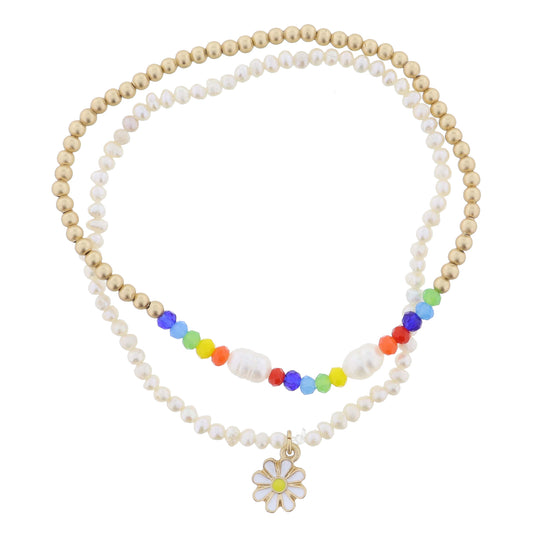 Kids Set of 2, Pearls with Daisy, Gold Ball with Multi Faceted & Pearl Accents Portion Bracelet
