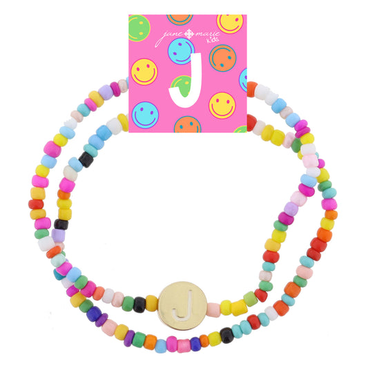 Kids Set of 2, Rainbow Multi Seed Bead Strand and White Enamel "J" Initial on Gold Disc Bracelet