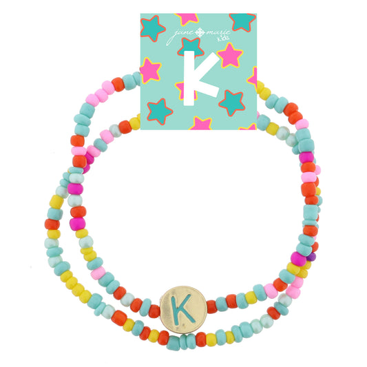Kids Set of 2, Teal Multi Seed Bead Strand and Teal Enamel "K" Initial on Gold Disc Bracelet