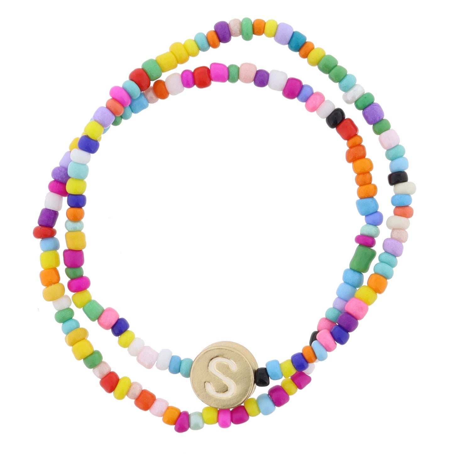Kids Set of 2, Rainbow Multi Seed Bead Strand and White Enamel "S" Initial on Gold Disc Bracelet