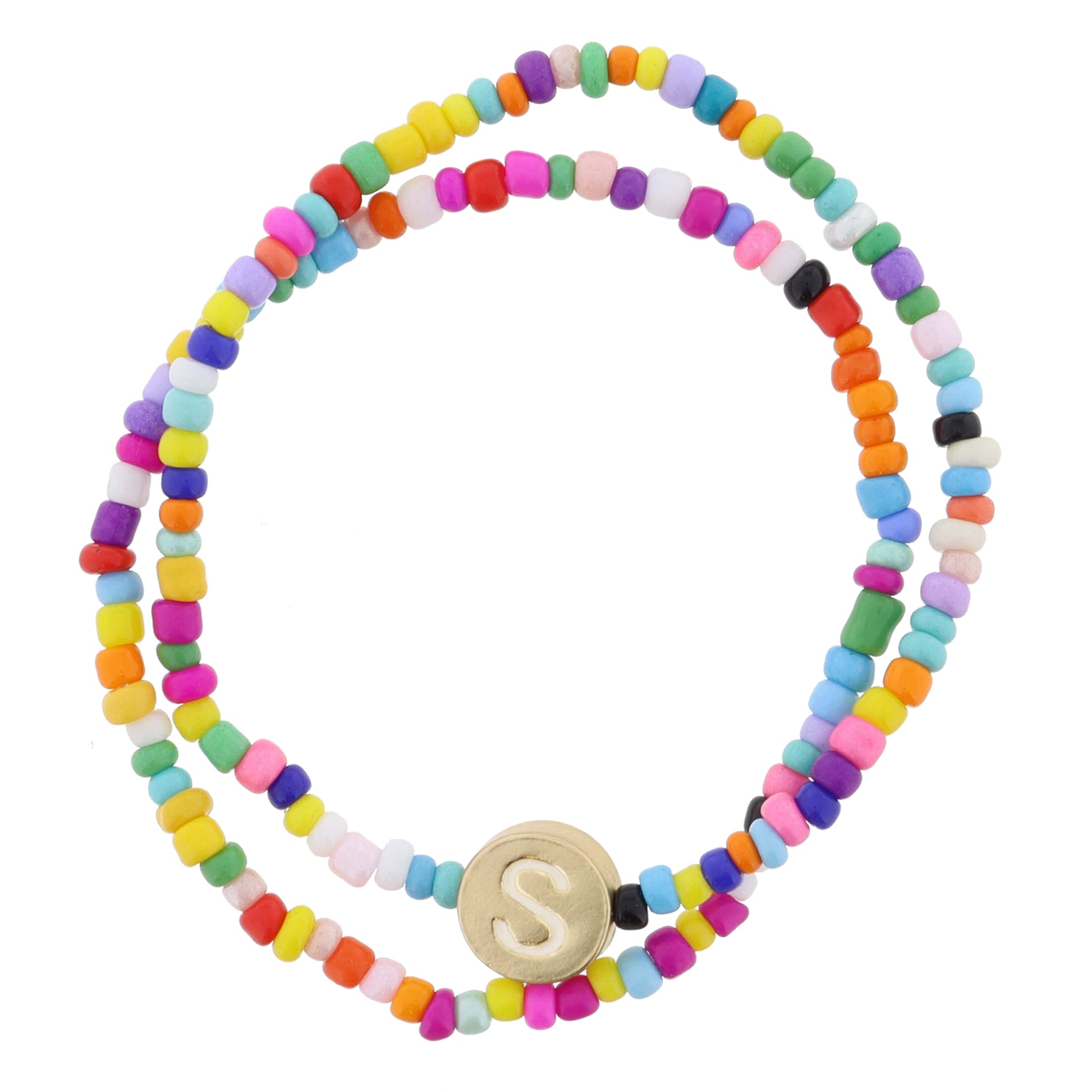 Kids Set of 2, Rainbow Multi Seed Bead Strand and White Enamel "S" Initial on Gold Disc Bracelet