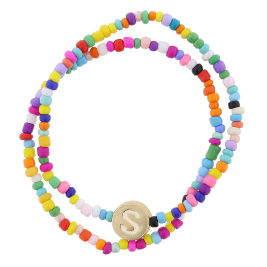 Kids Set of 2, Rainbow Multi Seed Bead Strand and White Enamel "S" Initial on Gold Disc Bracelet