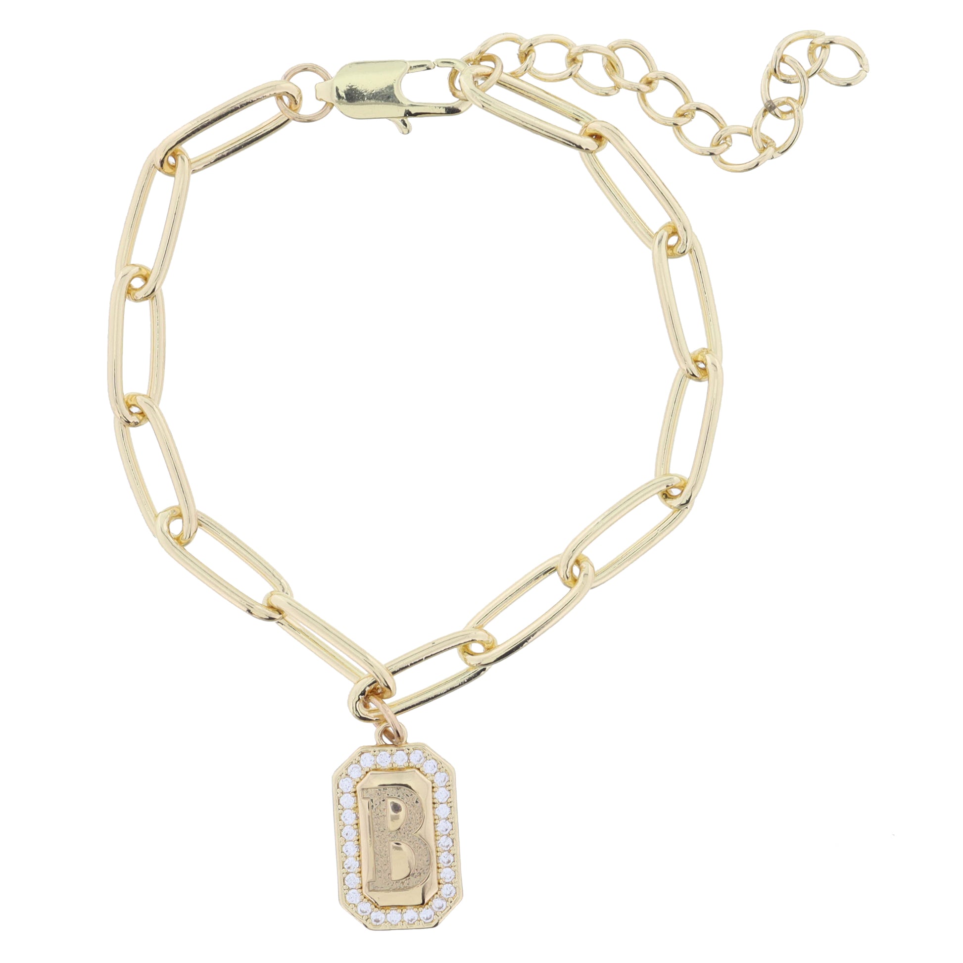 Shiny Gold Paperclip Chain with Crystal Edged "B" Initial Emerald Plate Bracelet