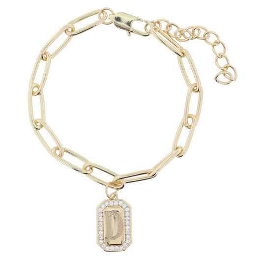 Shiny Gold Paperclip Chain with Crystal Edged "D" Initial Emerald Plate Bracelet
