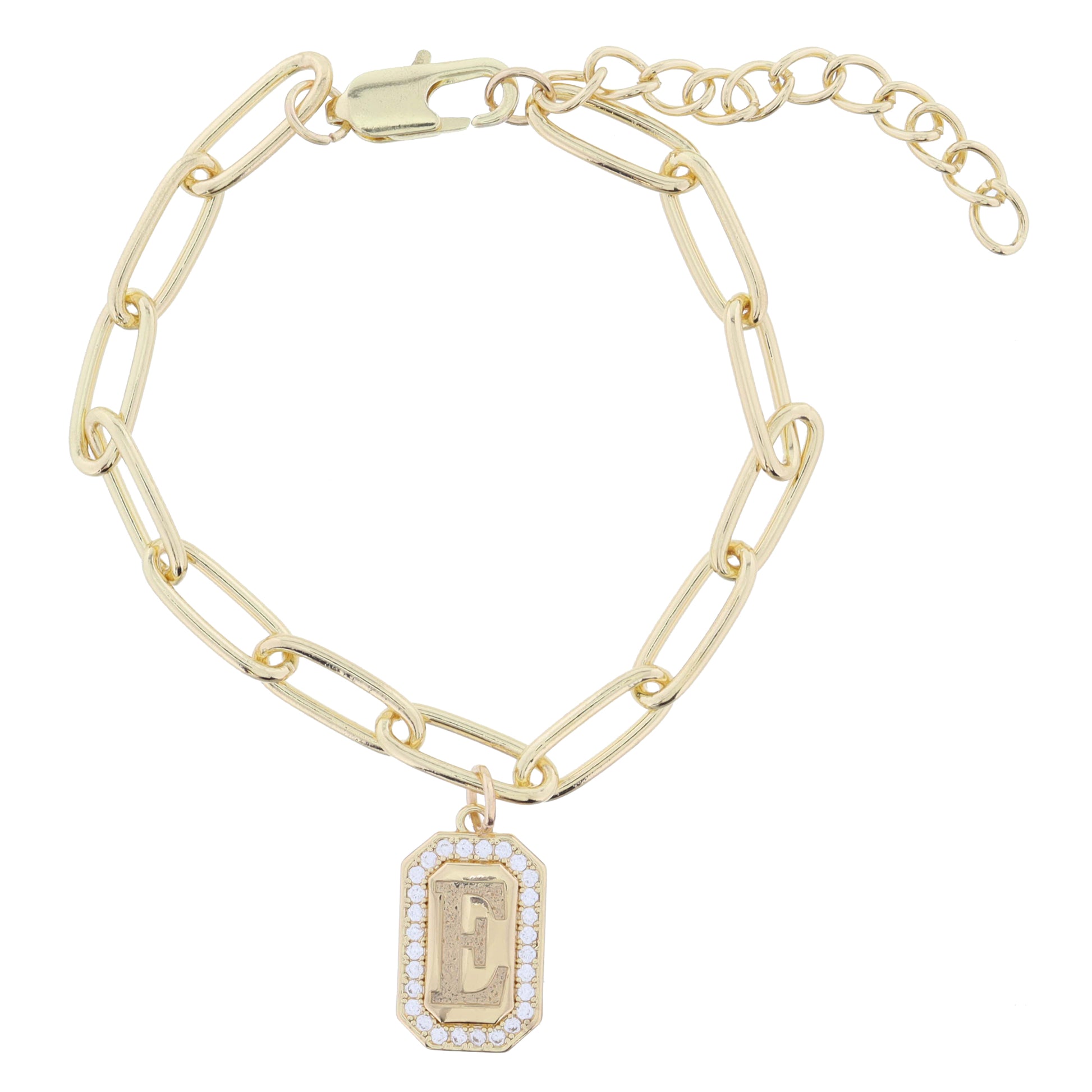 Shiny Gold Paperclip Chain with Crystal Edged "E" Initial Emerald Plate Bracelet