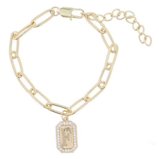 Shiny Gold Paperclip Chain with Crystal Edged "F" Initial Emerald Plate Bracelet