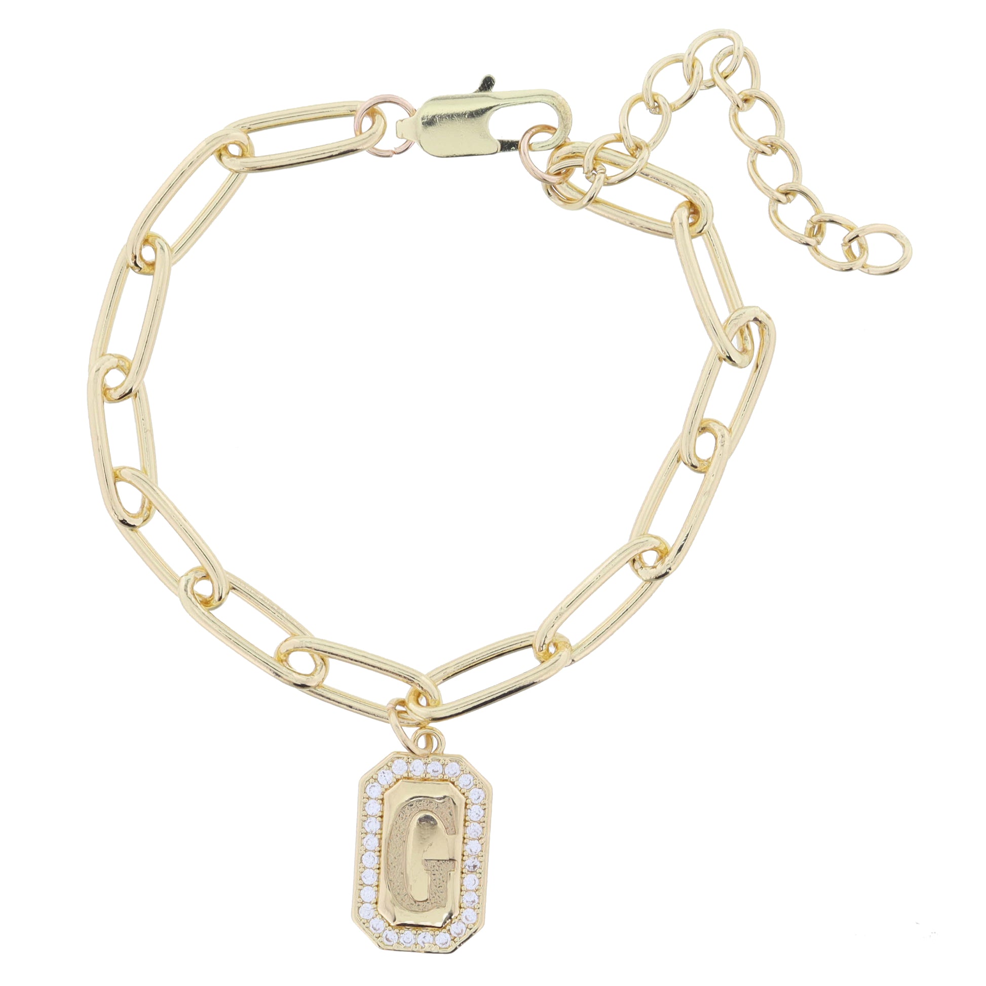 Shiny Gold Paperclip Chain with Crystal Edged "G" Initial Emerald Plate Bracelet