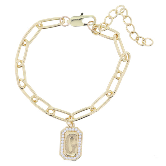 Shiny Gold Paperclip Chain with Crystal Edged "G" Initial Emerald Plate Bracelet