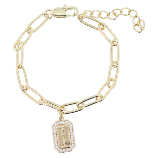 Shiny Gold Paperclip Chain with Crystal Edged "H" Initial Emerald Plate Bracelet