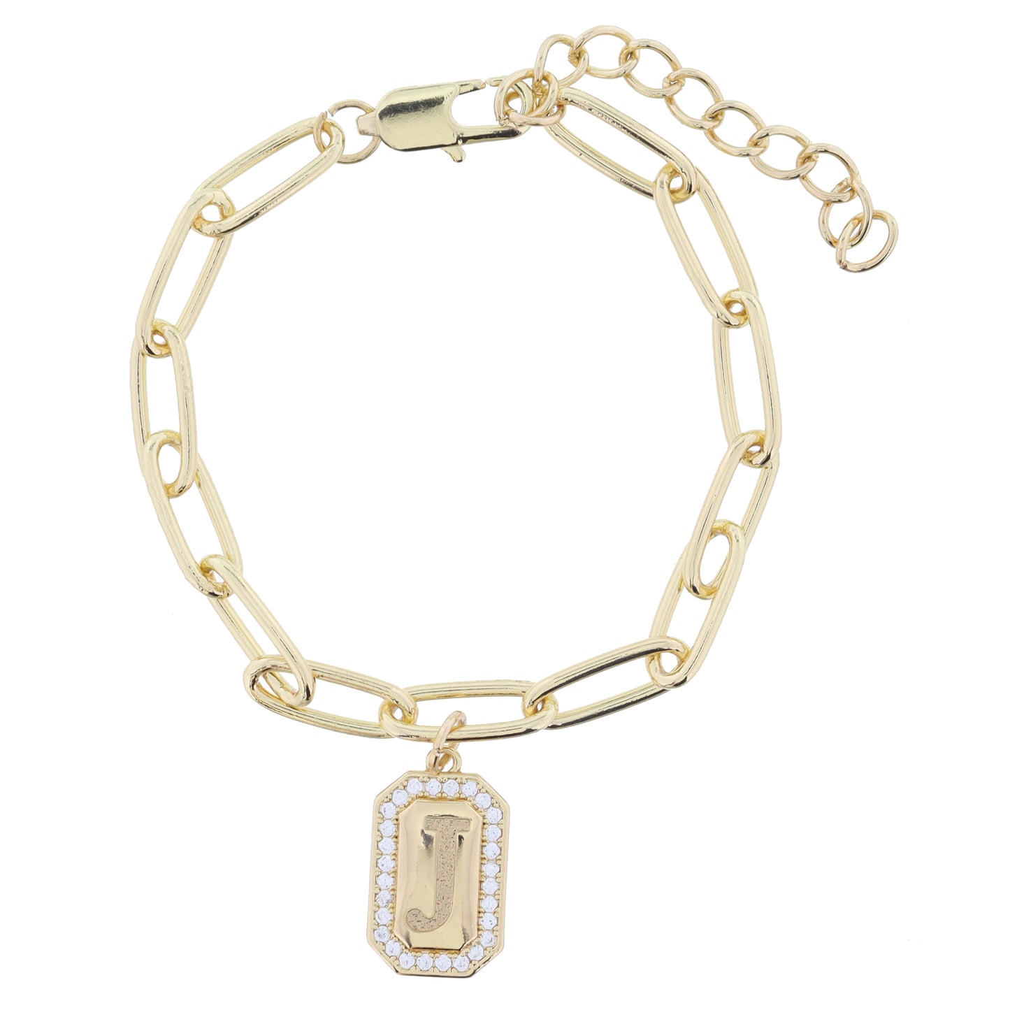 Shiny Gold Paperclip Chain with Crystal Edged "J" Initial Emerald Plate Bracelet