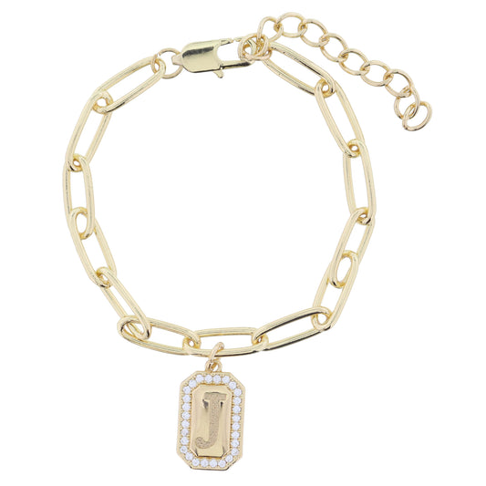 Shiny Gold Paperclip Chain with Crystal Edged "J" Initial Emerald Plate Bracelet