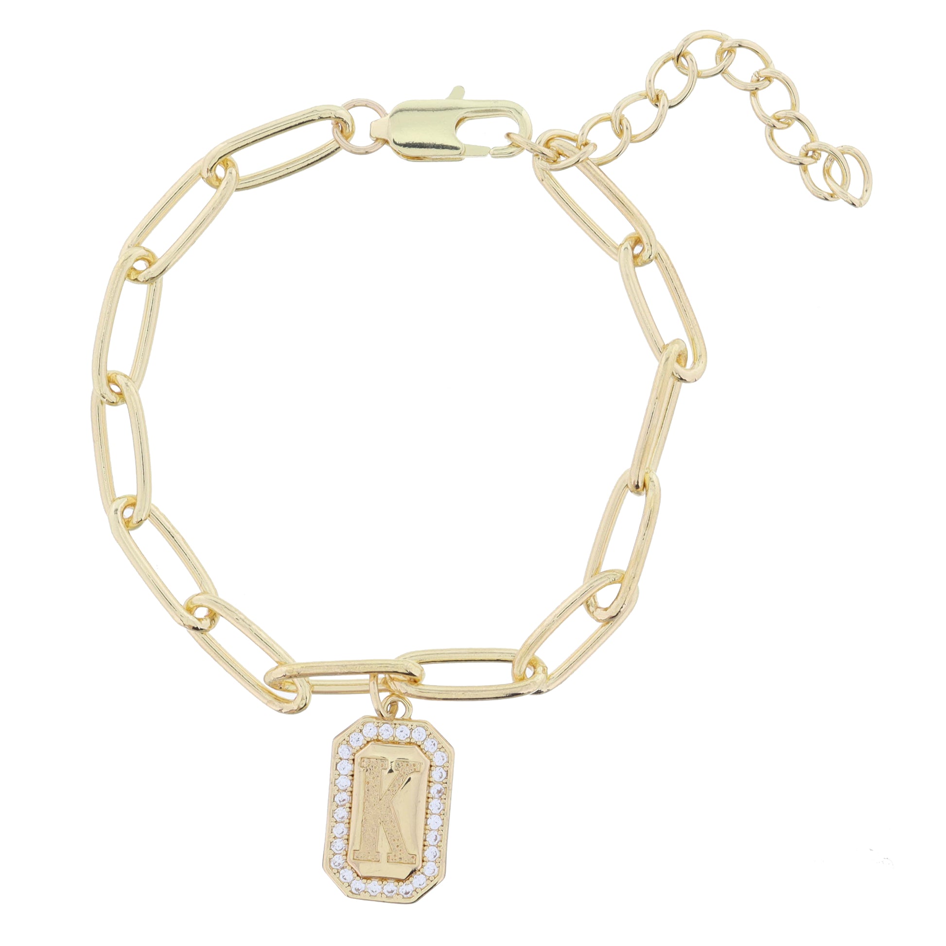 Shiny Gold Paperclip Chain with Crystal Edged "K" Initial Emerald Plate Bracelet