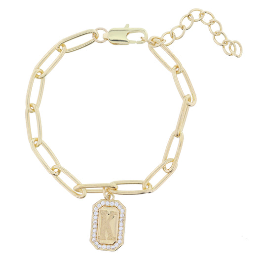 Shiny Gold Paperclip Chain with Crystal Edged "K" Initial Emerald Plate Bracelet