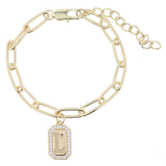 Shiny Gold Paperclip Chain with Crystal Edged "L" Initial Emerald Plate Bracelet