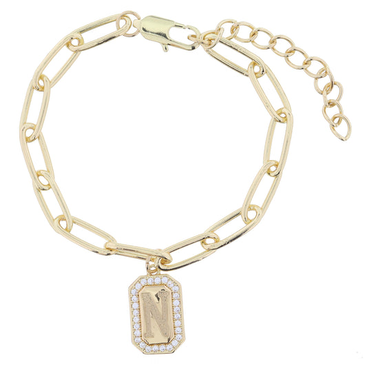 Shiny Gold Paperclip Chain with Crystal Edged "N" Initial Emerald Plate Bracelet