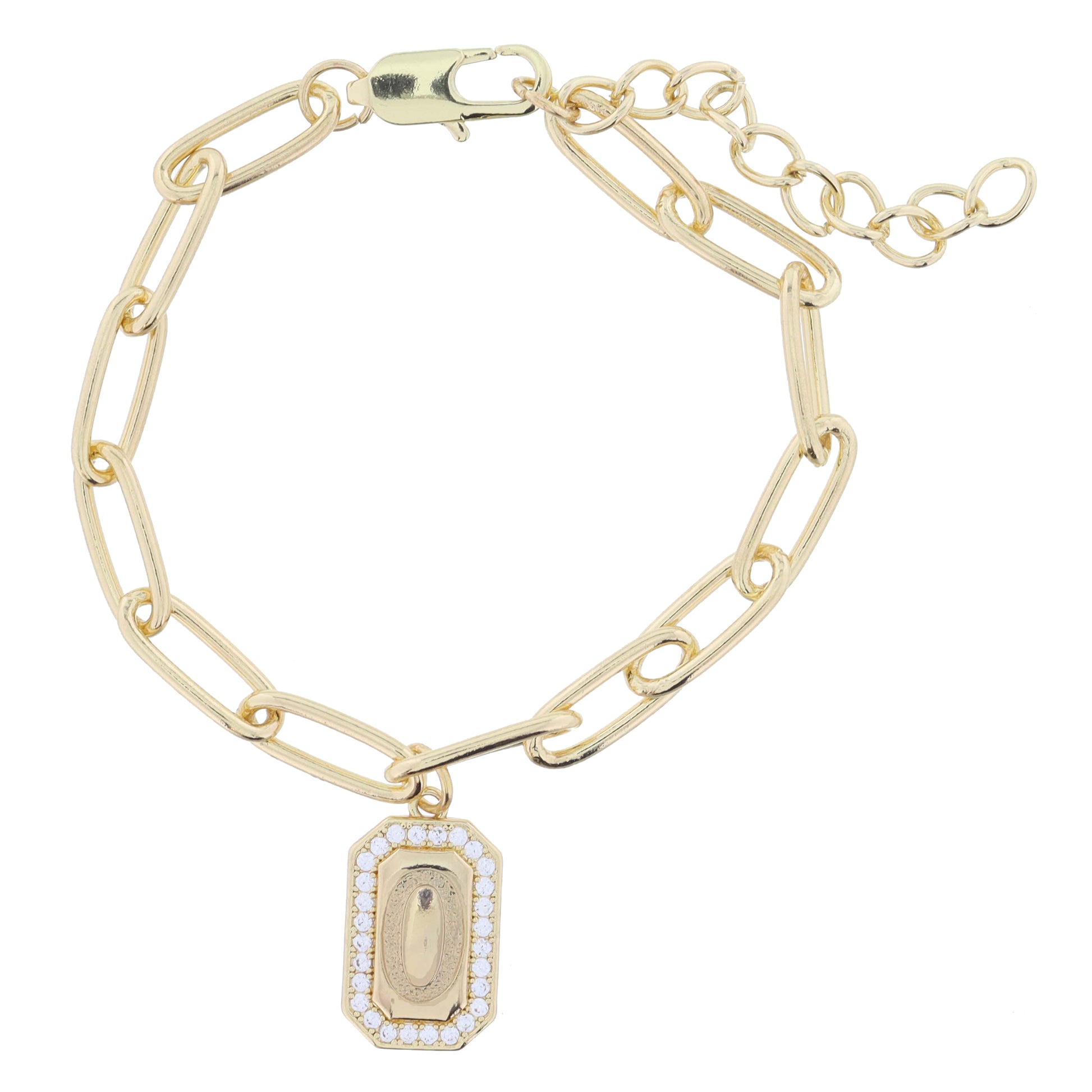 Shiny Gold Paperclip Chain with Crystal Edged "O" Initial Emerald Plate Bracelet