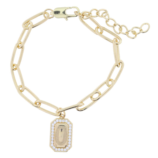 Shiny Gold Paperclip Chain with Crystal Edged "O" Initial Emerald Plate Bracelet