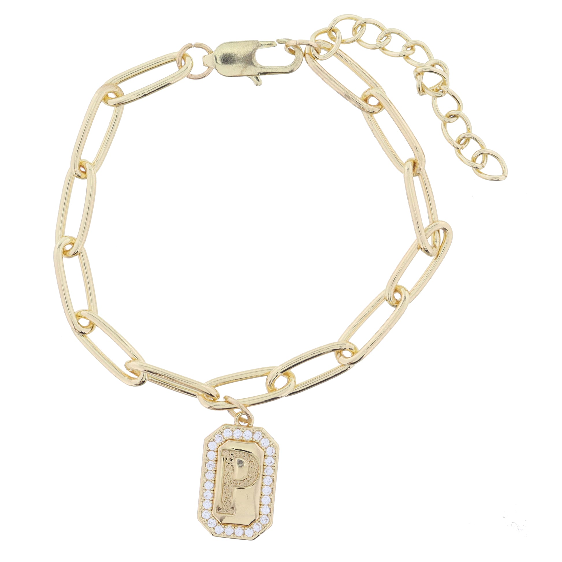 Shiny Gold Paperclip Chain with Crystal Edged "P" Initial Emerald Plate Bracelet