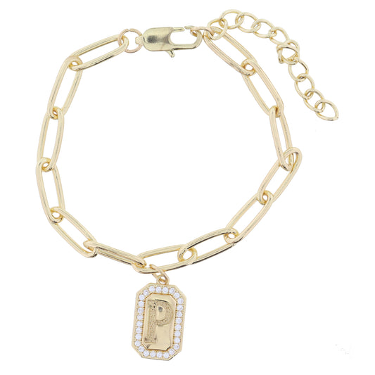 Shiny Gold Paperclip Chain with Crystal Edged "P" Initial Emerald Plate Bracelet