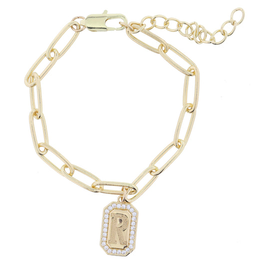 Shiny Gold Paperclip Chain with Crystal Edged "R" Initial Emerald Plate Bracelet