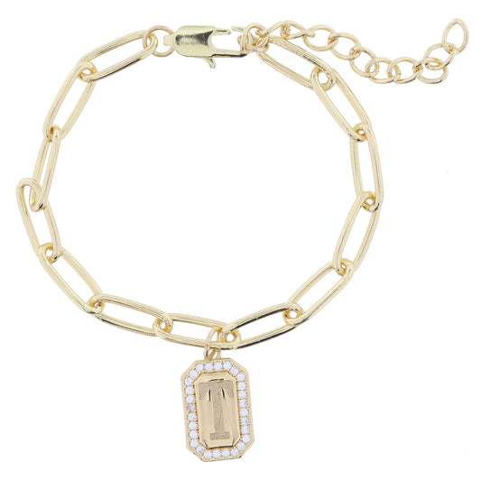 Shiny Gold Paperclip Chain with Crystal Edged "T" Initial Emerald Plate Bracelet