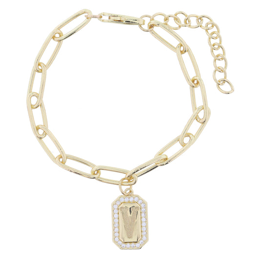 Shiny Gold Paperclip Chain with Crystal Edged "V" Initial Emerald Plate Bracelet