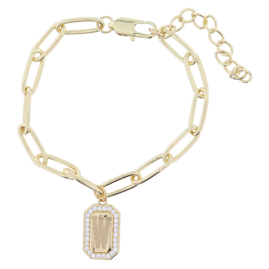 Shiny Gold Paperclip Chain with Crystal Edged "W" Initial Emerald Plate Bracelet