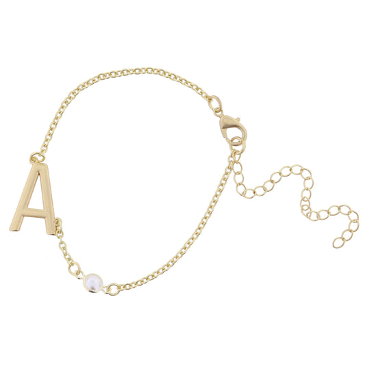 Gold Sideways "A" Initial with Pearl Bezel Station Accent Bracelet