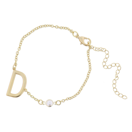 Gold Sideways "D" Initial with Pearl Bezel Station Accent Bracelet