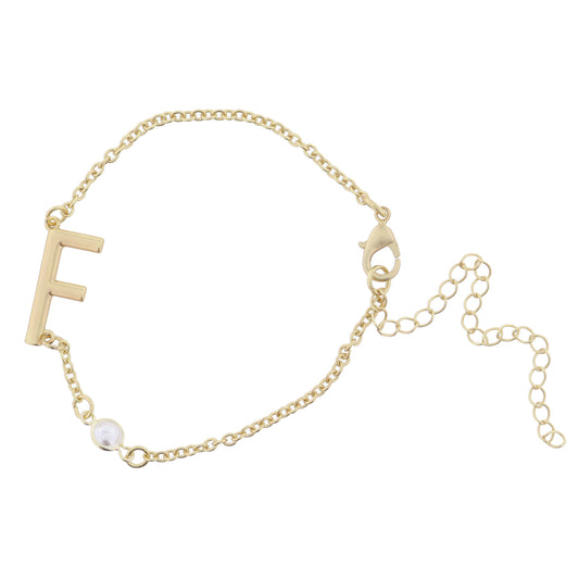 Gold Sideways "F" Initial with Pearl Bezel Station Accent Bracelet