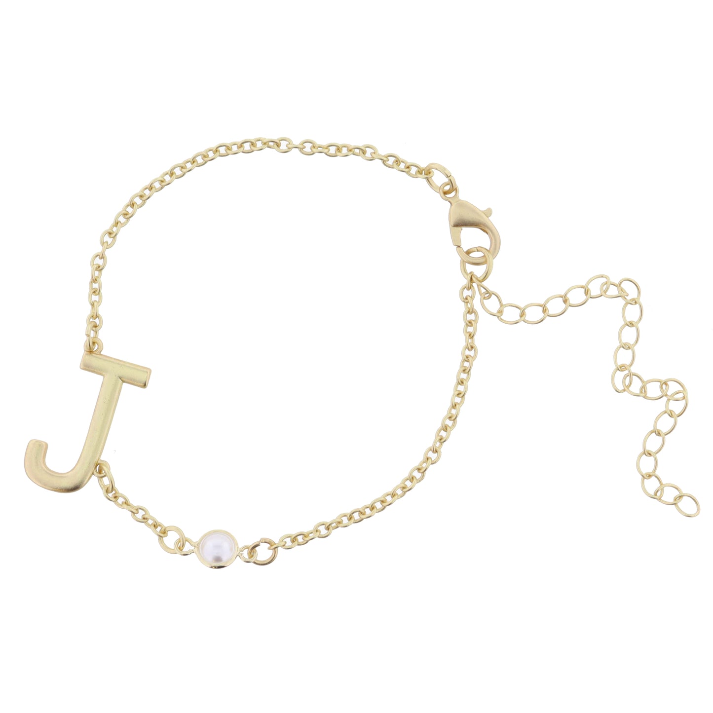 Gold Sideways "J" Initial with Pearl Bezel Station Accent Bracelet